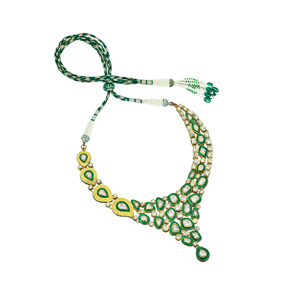 Cascading Polki Necklace with Green Enamel and Teardrop Center
